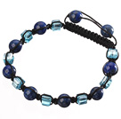 Wholesale Lovely Round Lapis And Blue Square Crystal Braided Black Drawstring Bracelet