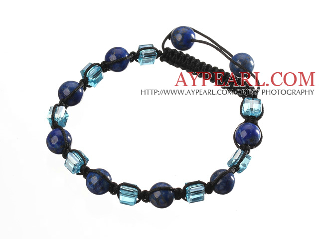 Lovely Round Lapis And Blue Square Crystal Flätad Svart Dragsko Armband