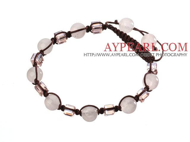 Lovely Round Rose Quartz And Square Crystal Brown Drawstring Bracelet