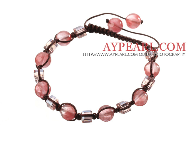 Nydelig Round Cherry Quartz Og Square Crystal Brown Snøring Bracelet