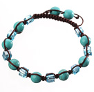 Lovely Round Blue Series Turquoise And Square Crystal Braided Brown Drawstring Bracelet