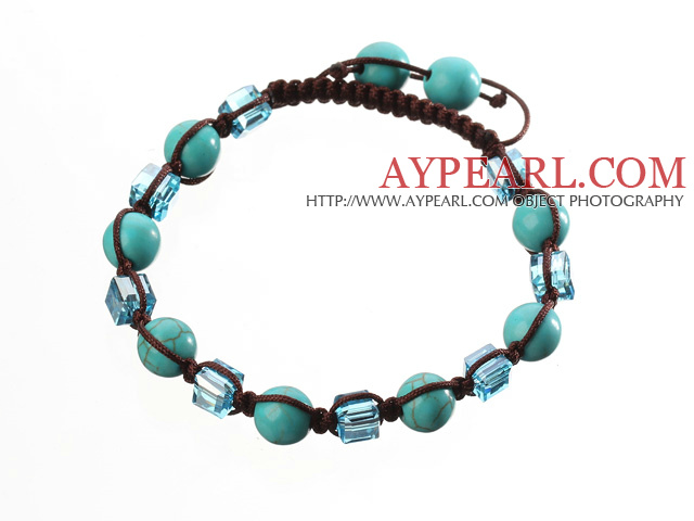 Lovely Round Blue Series Turquoise And Square Crystal Braided Brown Drawstring Bracelet