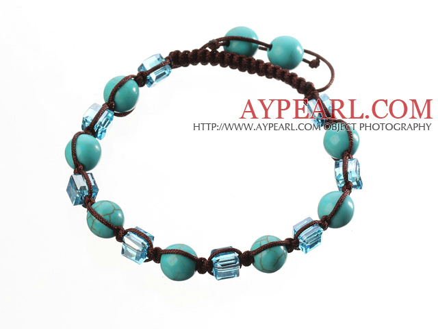 Schöne Runde Blue Series Türkis und Kristall -Platz Geflochtene Brown Kordelzug Armband