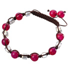 Wholesale Lovely Round Rose Agate And White Square Crystal Braided Brown Drawstring Bracelet