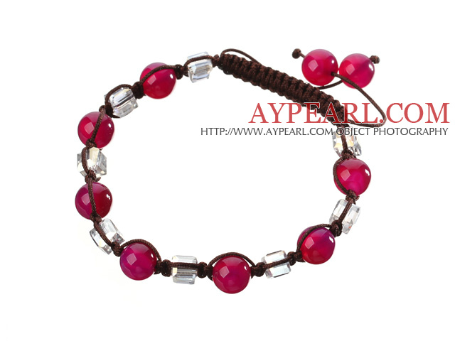 Nydelig Round Rose Agate And White Square Crystal Flettet Brown Snøring Bracelet