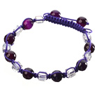 Discount Lovely Round Purple Agate And White Square Crystal Braided Purple Drawstring Bracelet