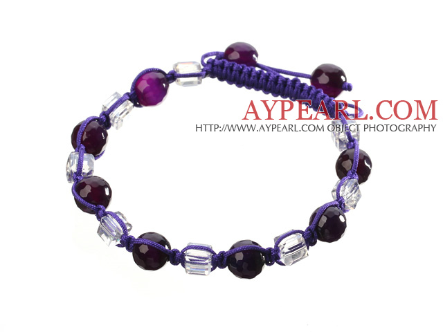 Lovely Round Purple Agate And White Square Crystal Braided Purple Drawstring Bracelet