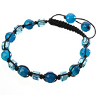Lovely Round Faceted Blue Agate And Square Crystal Braided Black Drawstring Bracelet
