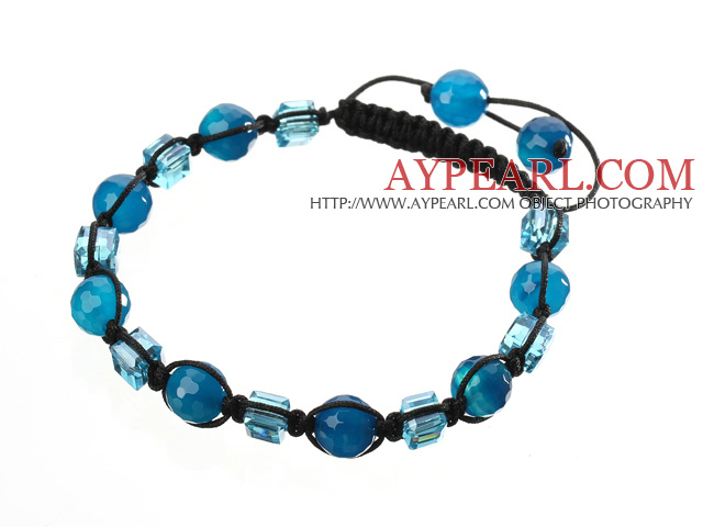Lovely Round Faceted Blue Agate And Square Crystal Braided Black Drawstring Bracelet