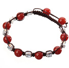 Lovely Round Faceted Red Agate And White Square Crystal Braided Brown Drawstring Bracelet