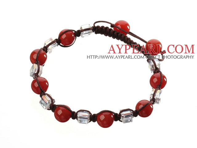 Lovely Round Fasett Red Agate och vit Square Crystal Flätad Brun Dragsko Armband