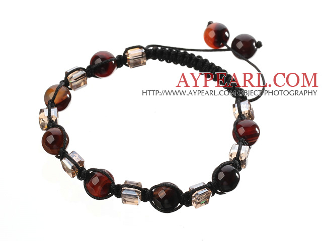 Lovely Round Faceted Colorful Agate And Square Crystal Braided Black Drawstring Bracelet