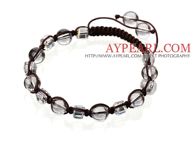Lovely Round And Square White Crystal Braided Brown Drawstring Bracelet