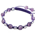 Nydelig Round Amethyst Og Square White Crystal Flettet Purple Snøring Bracelet