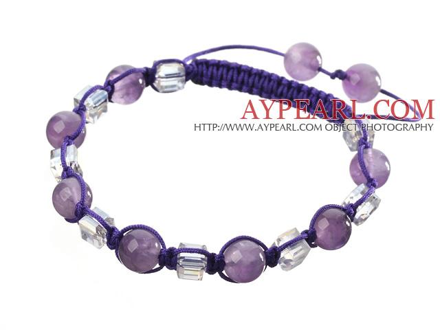 Lovely Round Amethyst And Square White Crystal Braided Purple Drawstring Bracelet