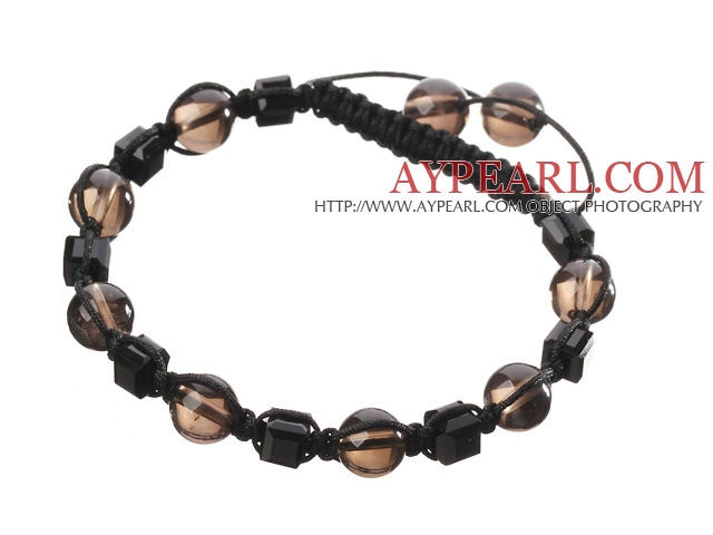 Lovely Round Smoky Quartz And Square Black Crystal Braided Black Drawstring Bracelet