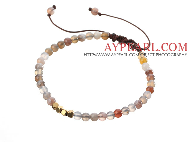 Mode 4mm Rund persiska agat och Golden Distanser Flätad Brun Dragsko Armband