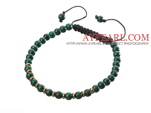 Fashion 4mm Round Malachite And Golden Spacers Braided Black Drawstring Bracelet