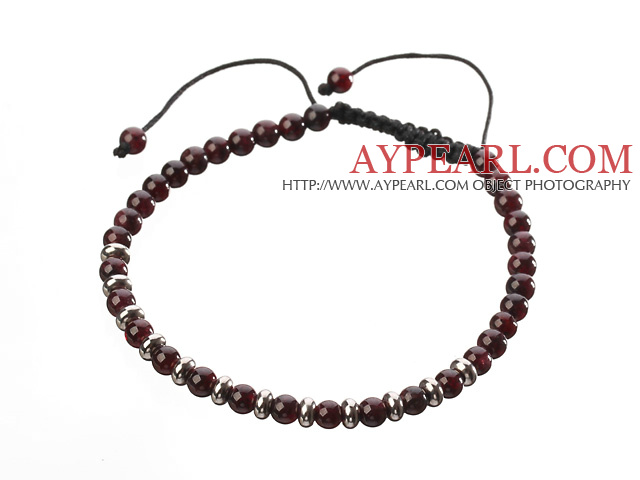 Fashion 4mm Round Natural Garnet And Silver Spacers Braided Black Drawstring Bracelet