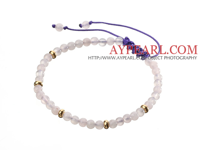 Fashion 4mm Round White Jade And Golden Spacers Braided Purple Drawstring Bracelet