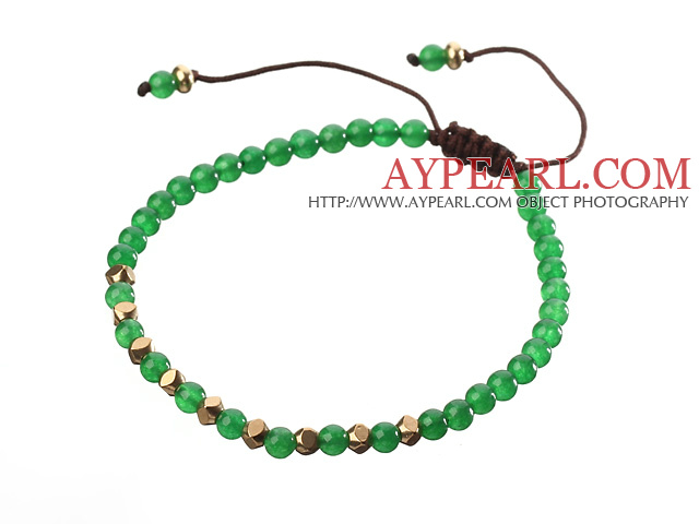 Fashion 4mm Round Green Jade ja kultainen holkit punottu Brown Kiristin rannerengas