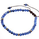 Fashion 4mm Round Blue Jade And Golden Spacers Braided Brown Drawstring Bracelet