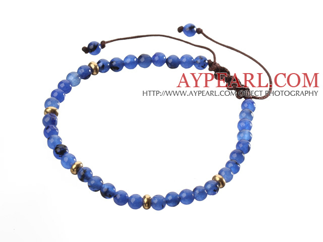 Fashion 4mm Round Blue Jade And Golden Spacers Braided Brown Drawstring Bracelet