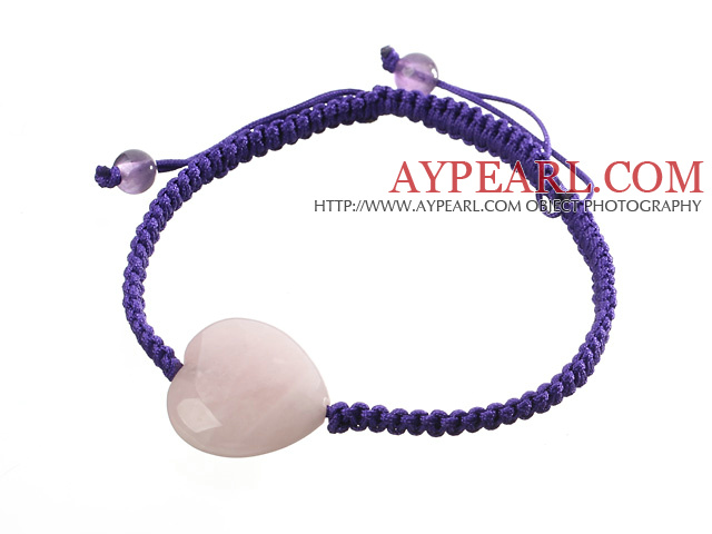 Popular Peach Heart Rose Quartz And Round Amethyst Braided Purple Drawstring Bracelet