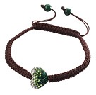 Popular Heart Polymer Clay Rhinestone And Round Green Agate Braided Brown Drawstring Bracelet