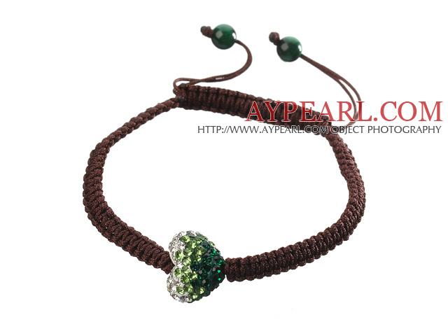 Δημοφιλή Heart Polymer Clay τεχνητό διαμάντι And Round Πράσινη Agate Braided Brown Κορδόνι βραχιόλι