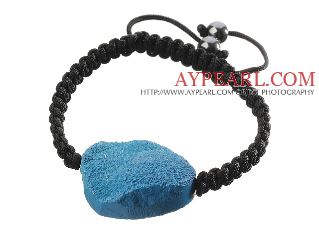 Popular Blue Sandblast Agate And Hand-knotted Black Drawstring Bracelet