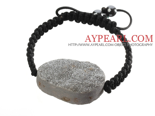 Popular Gray Sandblast Agate And Hand-knotted Black Drawstring Bracelet