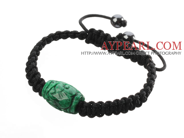 Popular Carved Green Jade And Hand-knotted Black Drawstring Bracelet