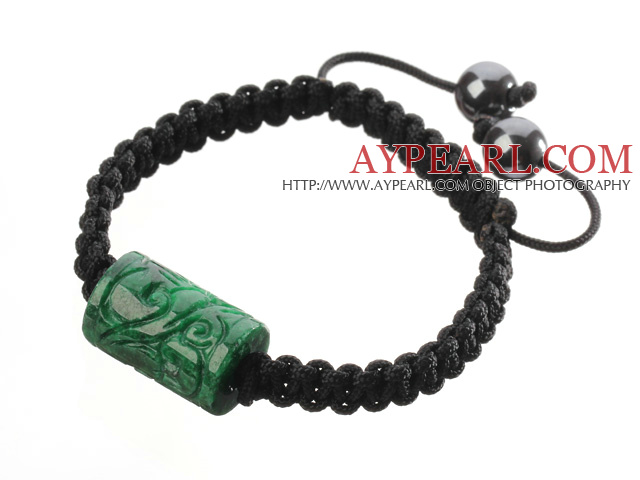 Popular Carved Cylinder Green Jade And Hand-knotted Black Drawstring Bracelet