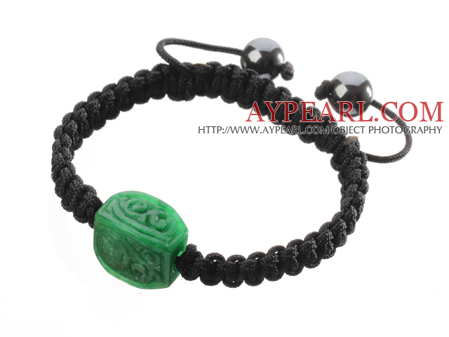 Popular Carved Green Jade And Hand-knotted Black Drawstring Bracelet
