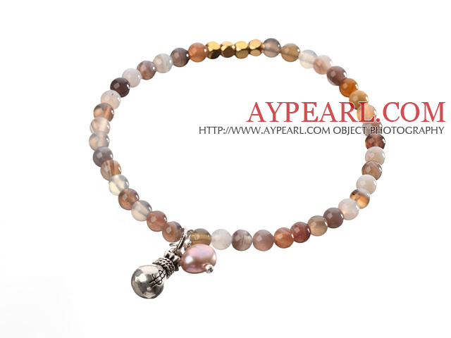 Belle ronde perse Agate Et Cuivre Spacer bourse Charm Bracelet perlé élastique