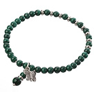 Wholesale Nice Natural Round Malachite And Silver Spacer Butterfly Charm Beaded Elastic Bracelet