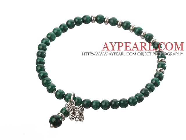 Nice Natural Round Malachite And Silver Spacer Butterfly Charm Beaded Elastic Bracelet