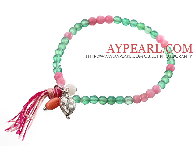 Nice Round Multi Color Jade And Heart Charm Beaded Elastic Tassel Bracelet