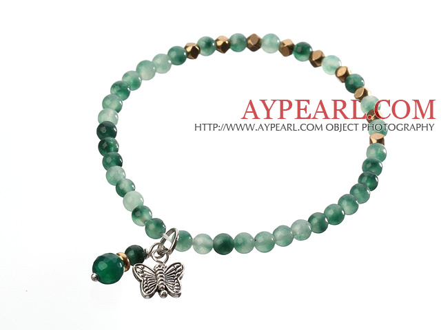 Green Jade And Metal Butterfly Charm Beaded Elastic Bracelet