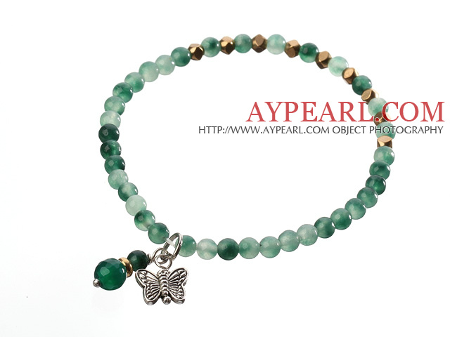 Πράσινο Jade και Metal πεταλούδα γοητεία Beaded Ελαστική βραχιόλι