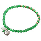 Nice Round Green Jade And Copper Spacer Heart Charm Beaded Elastic Bracelet