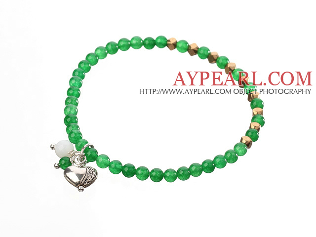 Nice Round Green Jade And Copper Spacer Heart Charm Beaded Elastic Bracelet