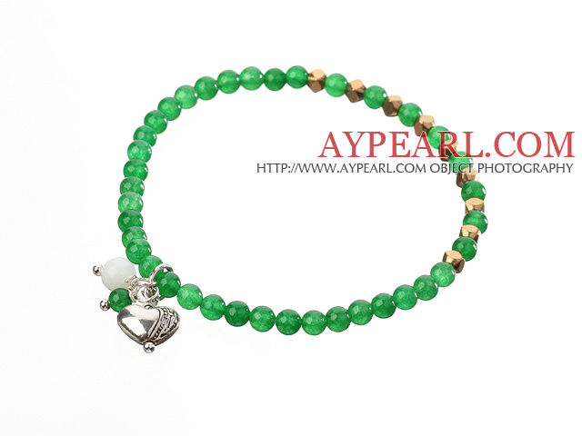 Nisa Round Green Jade și cupru Spacer Heart Charm margele Elastic brățară