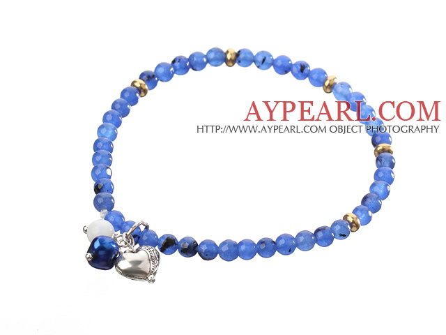 Nice Round Blue Jade And Copper Spacer Heart Charm Beaded Elastic Bracelet