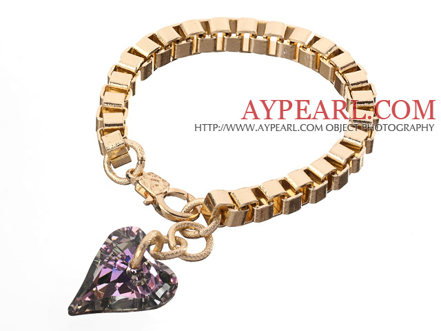 Fashion Απλή Style Golden Link βραχιόλι με κούμπωμα αστακό και αυστριακή καρδιά κρύσταλλο