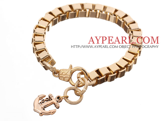 Fashion Simple Style Golden Link Bracelet With Lobster Clasp And Anchor Charm