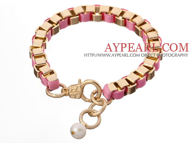Fashion Simple Style Golden Link Charm Bracelet With Lobster Clasp And White Pearl
