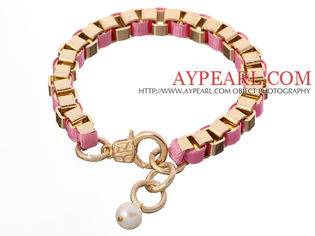 Mode Simple Style Golden Link Charm -Armband mit Karabinerverschluss und White Pearl