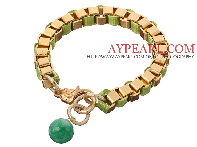 Fashion Simple Style Golden Link Charm Bracelet With Lobster Clasp And Round Green Jade